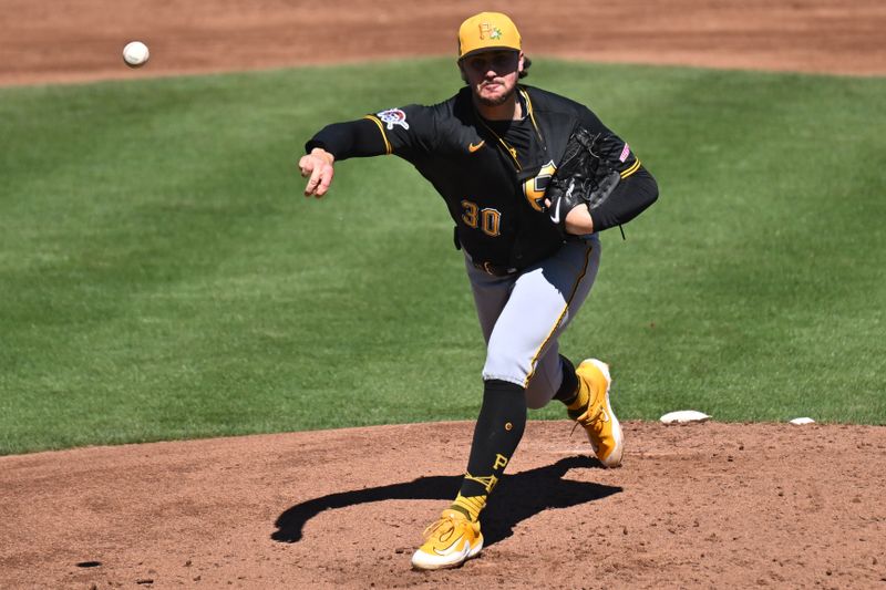 Feb 25, 2026; North Port, Florida, USA; Pittsburgh Pirates starting pitcher Paul Skenes (30) throws a pitch in the third inning against the Atlanta Braves during spring training at CoolToday Park. Mandatory Credit: Jonathan Dyer-Imagn Images