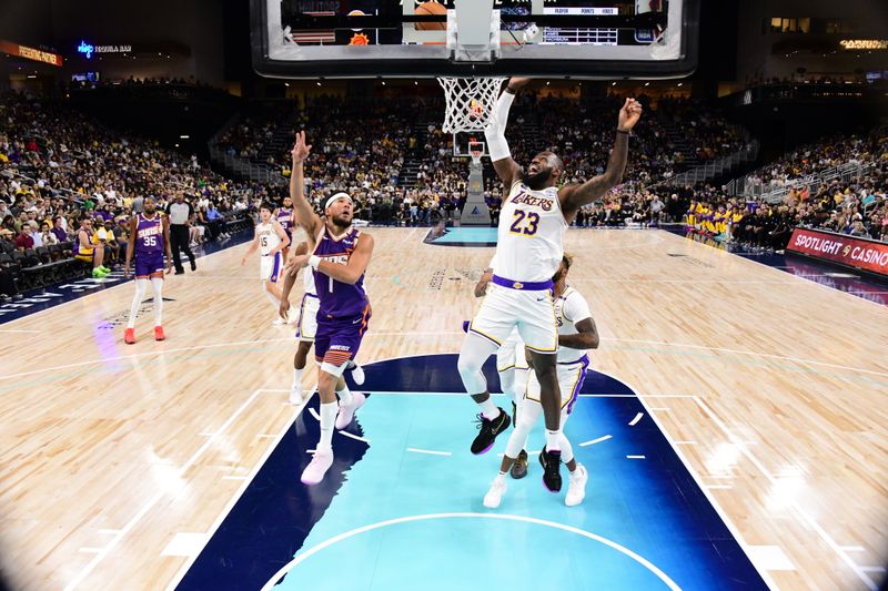 LOS ANGELES, CA - OCTOBER 6: LeBron James #23 of the Los Angeles Lakers blocks a shot during the game against the Phoenix Suns on October 6, 2024 at Acrisure Arena in Palm Springs, California. NOTE TO USER: User expressly acknowledges and agrees that, by downloading and/or using this Photograph, user is consenting to the terms and conditions of the Getty Images License Agreement. Mandatory Copyright Notice: Copyright 2024 NBAE (Photo by Adam Pantozzi/NBAE via Getty Images)