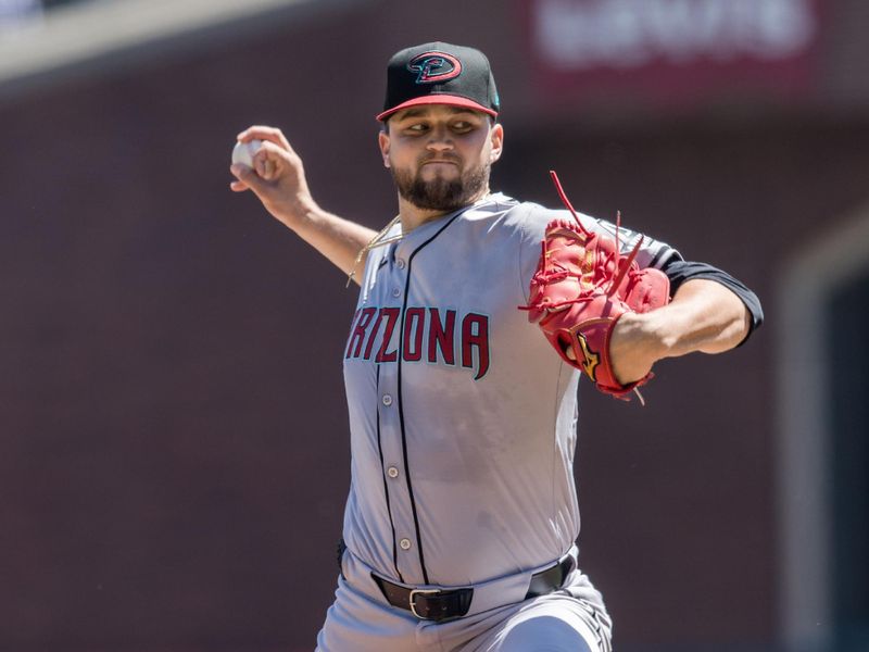 Apr 21, 2024; San Francisco, California, USA;  Arizona Diamondbacks starting pitcher Slade Cecconi (43) throws against the San Francisco Giants during the first inning at Oracle Park. Mandatory Credit: John Hefti-USA TODAY Sports