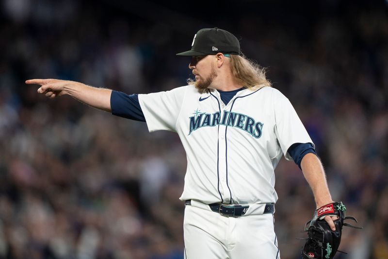 Jun 15, 2024; Seattle, Washington, USA; Seattle Mariners relief pitcher Ryne Stanek (45) celebrates after a game against the Texas Rangers at T-Mobile Park. Mandatory Credit: Stephen Brashear-USA TODAY Sports