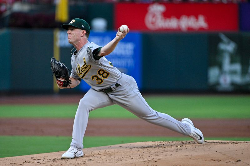 Aug 14, 2023; St. Louis, Missouri, USA;  Oakland Athletics starting pitcher JP Sears (38) pitches against the St. Louis Cardinals during the first inning at Busch Stadium. Mandatory Credit: Jeff Curry-USA TODAY Sports