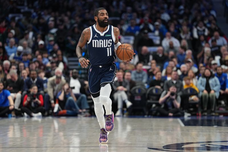 DALLAS, TX - FEBRUARY 12: Kyrie Irving #11 of the Dallas Mavericks handles the ball during the game against the Washington Wizards on February 12, 2024 at the American Airlines Center in Dallas, Texas. NOTE TO USER: User expressly acknowledges and agrees that, by downloading and or using this photograph, User is consenting to the terms and conditions of the Getty Images License Agreement. Mandatory Copyright Notice: Copyright 2024 NBAE (Photo by Glenn James/NBAE via Getty Images)