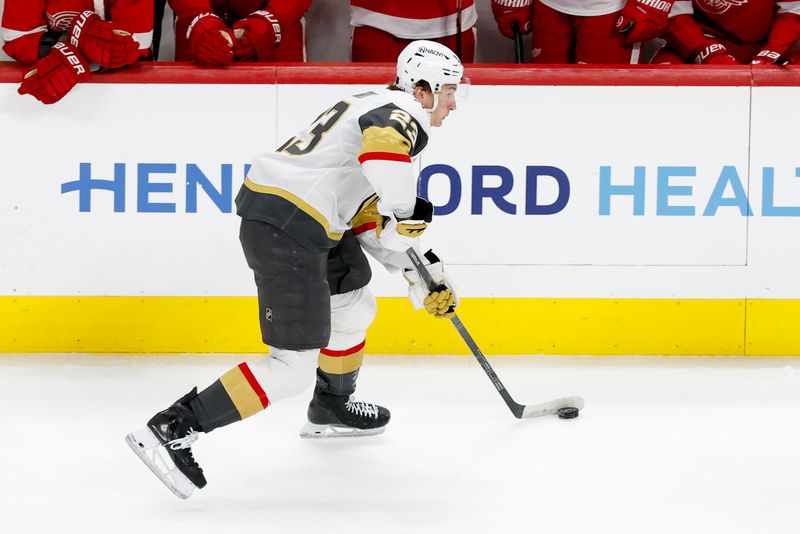 Mar 4, 2026; Detroit, Michigan, USA;  Vegas Golden Knights left wing Cole Reinhardt (23) skates with the puck in the first period against the Detroit Red Wings at Little Caesars Arena. Mandatory Credit: Rick Osentoski-Imagn Images