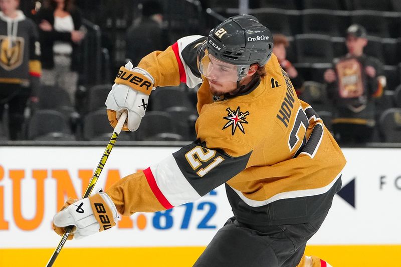 Dec 6, 2024; Las Vegas, Nevada, USA; Vegas Golden Knights center Brett Howden (21) warms up before a game against the Dallas Stars at T-Mobile Arena. Mandatory Credit: Stephen R. Sylvanie-Imagn Images