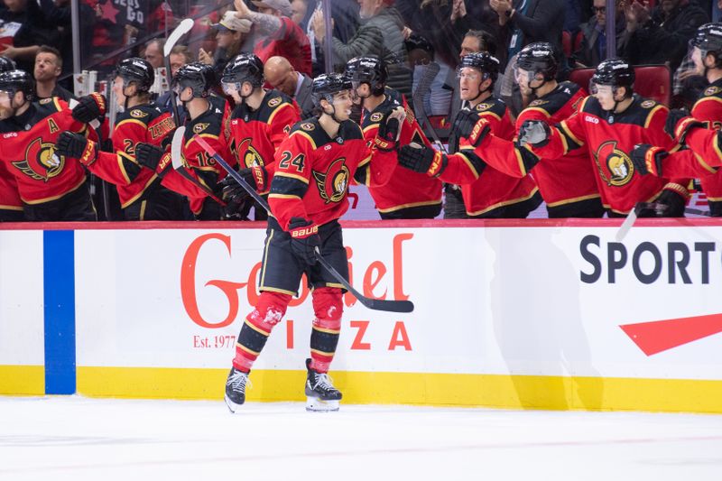 Jan 25, 2026; Ottawa, Ontario, CAN; Ottawa Senators center Dylan Cozens (24) celebrates wit hteam his goal scored in the second period against the Vegas Golden Knights at the Canadian Tire Centre. Mandatory Credit: Marc DesRosiers-IMAGN Images
