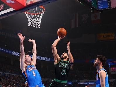 OKLAHOMA CITY, OK - JANUARY 2: Jayson Tatum #0 of the Boston Celtics shoots the ball during the game Oklahoma City Thunder on January 2, 2024 at Paycom Arena in Oklahoma City, Oklahoma. NOTE TO USER: User expressly acknowledges and agrees that, by downloading and or using this photograph, User is consenting to the terms and conditions of the Getty Images License Agreement. Mandatory Copyright Notice: Copyright 2024 NBAE (Photo by Zach Beeker/NBAE via Getty Images)