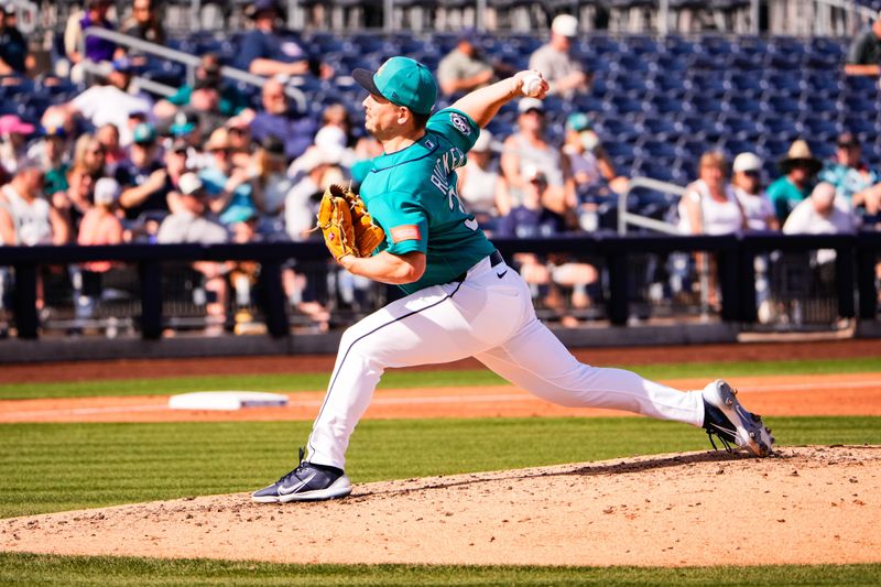 Feb 24, 2026; Peoria, Arizona, USA; Seattle Mariners pitcher Michael Rucker (38) pitches in the third inning against the Chicago White Sox in Peoria, Arizona. Mandatory Credit: Arianna Grainey-Imagn Images
