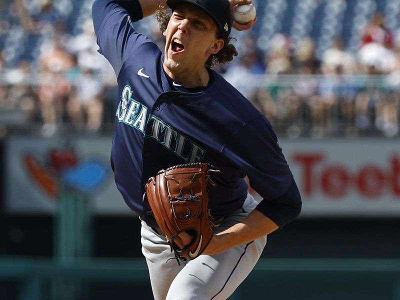 May 25, 2024; Washington, District of Columbia, USA; Seattle Mariners starting pitcher Logan Gilbert (36) pitches against the Washington Nationals during the second inning at Nationals Park. Mandatory Credit: Geoff Burke-USA TODAY Sports