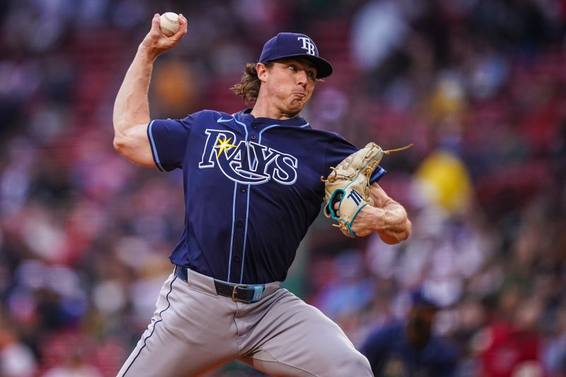 Jun 10, 2025; Boston, Massachusetts, USA; Tampa Bay Rays pitcher Ryan Pepiot (44) throws a pitch against the Boston Red Sox in the first inning at Fenway Park. Mandatory Credit: David Butler II-Imagn Images