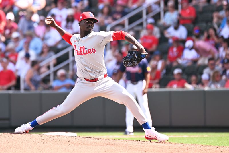 Mar 3, 2024; North Port, Florida, USA; Philadelphia Phillies pitcher Yunior Marie (43( throws a pitch in the second inning of the spring training game against the Atlanta Braves at CoolToday Park. Mandatory Credit: Jonathan Dyer-USA TODAY Sports