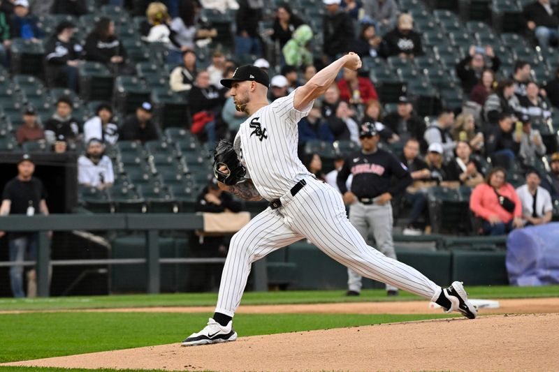 May 10, 2024; Chicago, Illinois, USA;  Chicago White Sox pitcher Garrett Crochet (45) delivers the ball during the first inning against the Cleveland Guardians at Guaranteed Rate Field. Mandatory Credit: Matt Marton-USA TODAY Sports