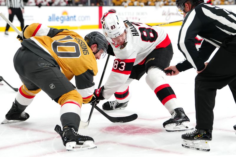 Nov 26, 2025; Las Vegas, Nevada, USA; Vegas Golden Knights center Colton Sissons (10) prepares to take a face off against Ottawa Senators center Stephen Halliday (83) during the second period at T-Mobile Arena. Mandatory Credit: Stephen R. Sylvanie-Imagn Images