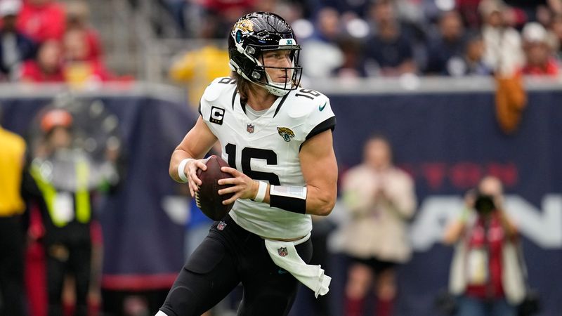 Jacksonville Jaguars quarterback Trevor Lawrence (16) looks to pass against the Houston Texans during the first half of an NFL football game Sunday, Nov. 26, 2023, in Houston. (AP Photo/Eric Gay)