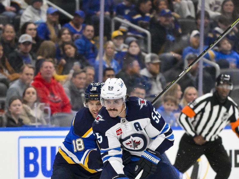 Dec 17, 2025; St. Louis, Missouri, USA; Winnipeg Jets center Mark Scheifele (55) controls the puck against the St. Louis Blues during the third period at Enterprise Center. Mandatory Credit: Jeff Curry-Imagn Images