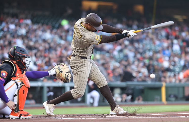 Jun 3, 2025; San Francisco, California, USA;  San Diego Padres shortstop Xander Bogaerts (2) hits a single against the San Francisco Giants during the second inning at Oracle Park. Mandatory Credit: Kelley L Cox-Imagn Images