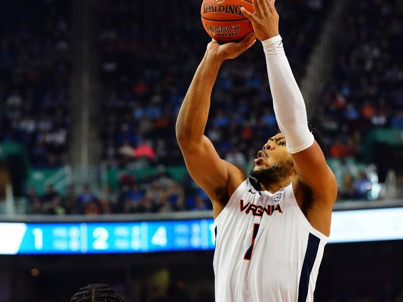 Mar 11, 2023; Greensboro, NC, USA; Virginia Cavaliers forward Jayden Gardner (1) goes up for a shot against the Duke Blue Devilsduring the first half of the ACC Championship at Greensboro Coliseum. Mandatory Credit: John David Mercer-USA TODAY Sports