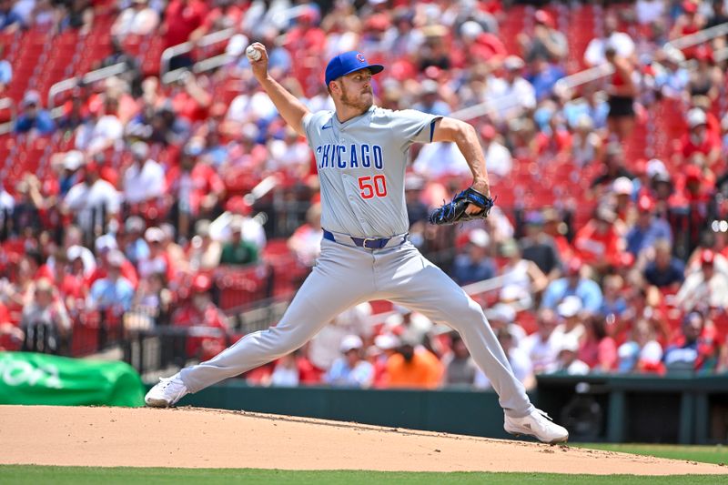 Jul 14, 2024; St. Louis, Missouri, USA;  Chicago Cubs starting pitcher Jameson Taillon (50) pitches against the St. Louis Cardinals during the first inning at Busch Stadium. Mandatory Credit: Jeff Curry-USA TODAY Sports