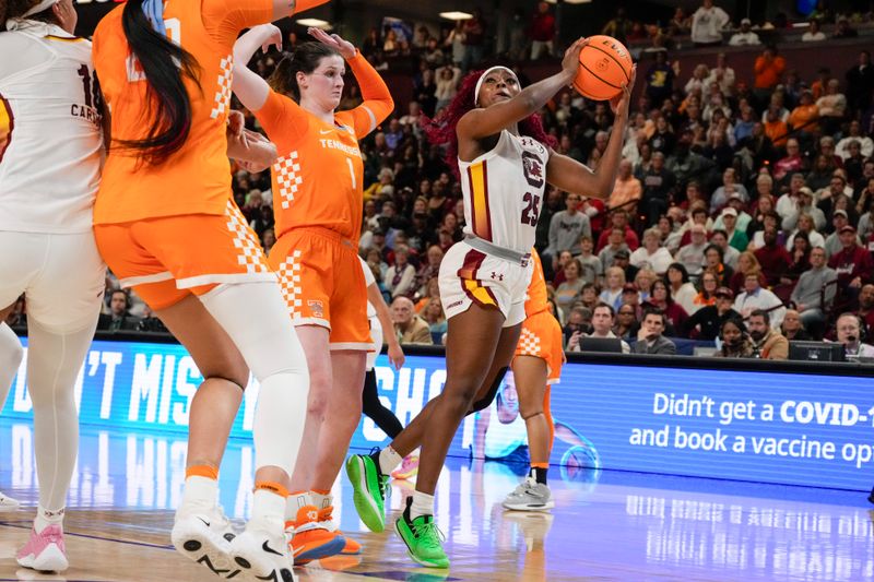 Mar 9, 2024; Greensville, SC, USA; South Carolina Gamecocks guard Raven Johnson (25) shoots against Tennessee Lady Vols guard Sara Puckett (1) during the second half at Bon Secours Wellness Arena. Mandatory Credit: Jim Dedmon-USA TODAY Sports