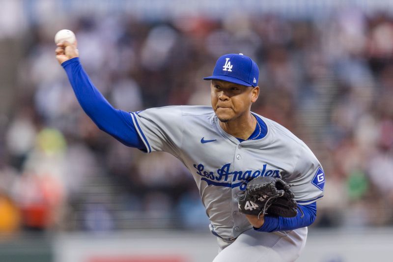 May 15, 2024; San Francisco, California, USA; Los Angeles Dodgers starting pitcher Elieser Hernandez (52) throws against the San Francisco Giants during the first inning at Oracle Park. Mandatory Credit: John Hefti-USA TODAY Sports
