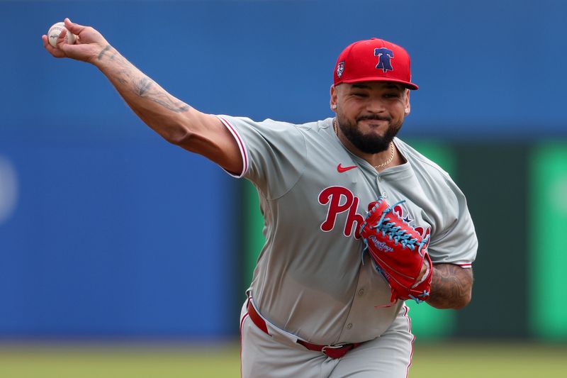 Feb 29, 2024; Dunedin, Florida, USA;  Philadelphia Phillies relief pitcher Max Castillo (68) throws a pitch against the Toronto Blue Jays in the second inning at TD Ballpark. Mandatory Credit: Nathan Ray Seebeck-USA TODAY Sports