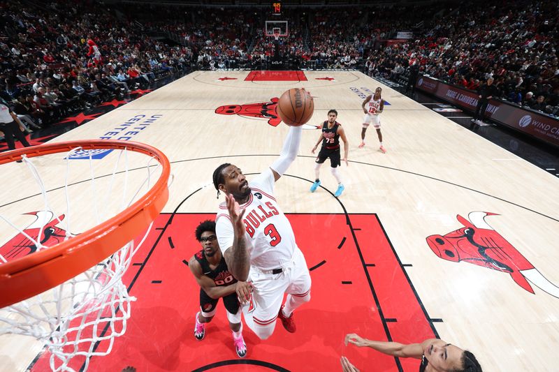 CHICAGO, IL - MARCH 18:  Andre Drummond #3 of the Chicago Bulls grabs a rebound during the game against the Portland Trail Blazers on March 18, 2024 at United Center in Chicago, Illinois. NOTE TO USER: User expressly acknowledges and agrees that, by downloading and or using this photograph, User is consenting to the terms and conditions of the Getty Images License Agreement. Mandatory Copyright Notice: Copyright 2024 NBAE (Photo by Jeff Haynes/NBAE via Getty Images)