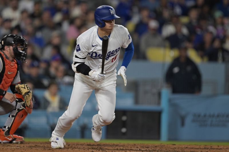 Apr 2, 2024; Los Angeles, California, USA;  Los Angeles Dodgers designated hitter Shohei Ohtani (17) grounds out in the sixth against the San Francisco Giants at Dodger Stadium. Mandatory Credit: Jayne Kamin-Oncea-USA TODAY Sports