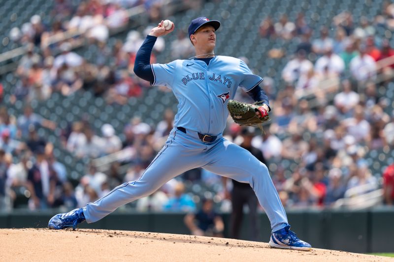 Jun 8, 2025; Minneapolis, Minnesota, USA; Toronto Blue Jays starting pitcher Bowden Francis (44) delivers a pitch during the first inning against the Minnesota Twins at Target Field. Mandatory Credit: Jordan Johnson-Imagn Images