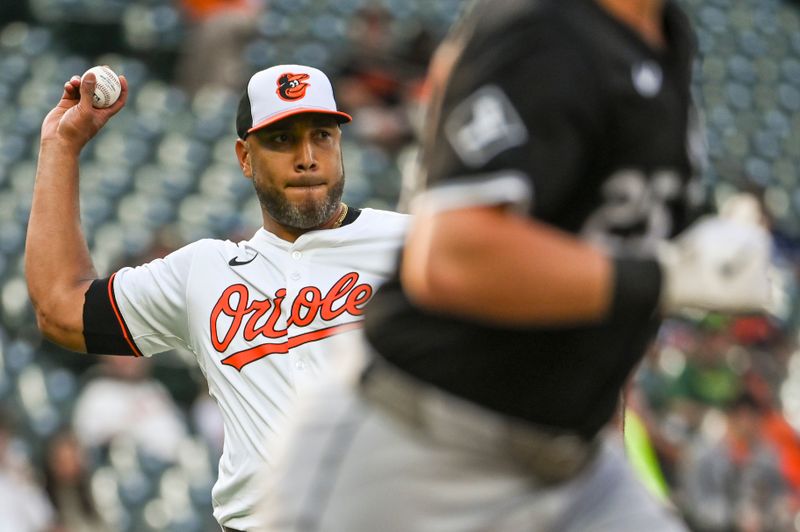 Sep 4, 2024; Baltimore, Maryland, USA; Baltimore Orioles pitcher Albert Suárez (49) throws to first base after fielding Chicago White Sox first base Andrew Vaughn (25) ground  ball  at Oriole Park at Camden Yards. Mandatory Credit: Tommy Gilligan -Imagn Images