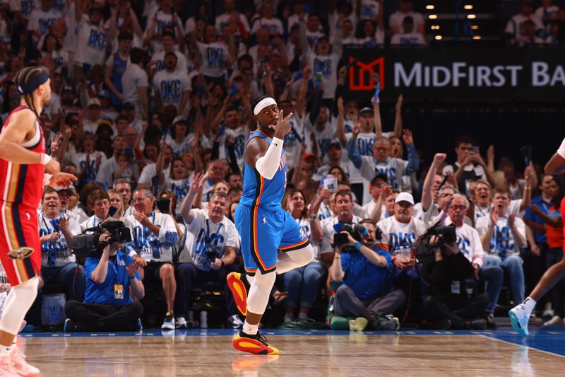 OKLAHOMA CITY, OK - APRIL 24: Luguentz Dort #5 of the Oklahoma City Thunder celebrates during the game against the New Orleans Pelicans during Round 1 Game 2 of the 2024 NBA Playoffs on April 24, 2024 at Paycom Arena in Oklahoma City, Oklahoma. NOTE TO USER: User expressly acknowledges and agrees that, by downloading and or using this photograph, User is consenting to the terms and conditions of the Getty Images License Agreement. Mandatory Copyright Notice: Copyright 2024 NBAE (Photo by Zach Beeker/NBAE via Getty Images)