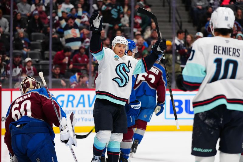 Nov 5, 2024; Denver, Colorado, USA; Colorado Avalanche center Parker Kelly (17) celebrates his goal scored past Colorado Avalanche goaltender Justus Annunen (60) in the first period at Ball Arena. Mandatory Credit: Ron Chenoy-Imagn Images