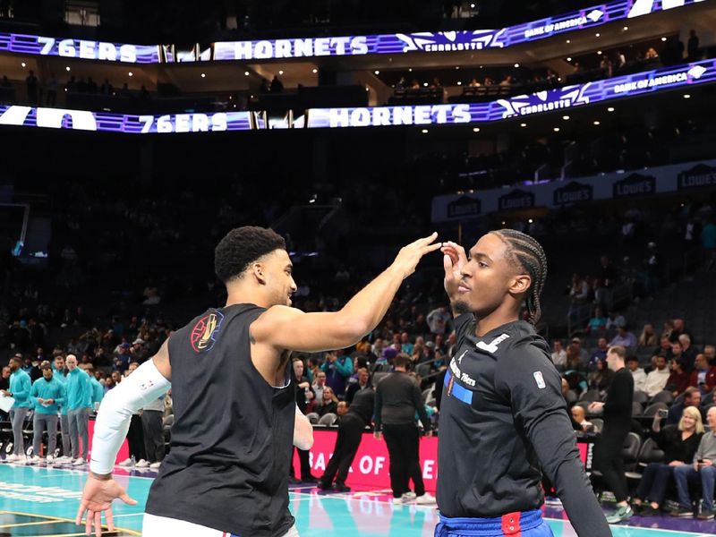 CHARLOTTE, NC - DECEMBER 3: Tyrese Maxey #0 of the Philadelphia 76ers is introduced before the game =ach during an NBA Emirates Cup game on December 3, 2024 at Spectrum Center in Charlotte, North Carolina. NOTE TO USER: User expressly acknowledges and agrees that, by downloading and or using this photograph, User is consenting to the terms and conditions of the Getty Images License Agreement. Mandatory Copyright Notice: Copyright 2024 NBAE (Photo by Brock Williams-Smith/NBAE via Getty Images)