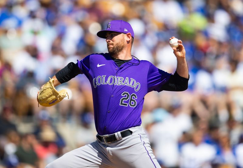 Mar 3, 2024; Phoenix, Arizona, USA; Colorado Rockies pitcher Austin Gomber against the Los Angeles Dodgers during a spring training game at Camelback Ranch-Glendale. Mandatory Credit: Mark J. Rebilas-USA TODAY Sports