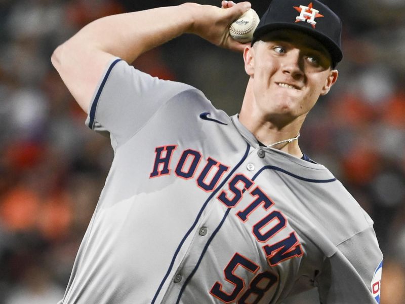 Aug 23, 2024; Baltimore, Maryland, USA;  Houston Astros starting pitcher Hunter Brown (58) throws a third inning pitch against the Baltimore Orioles at Oriole Park at Camden Yards. Mandatory Credit: Tommy Gilligan-USA TODAY Sports