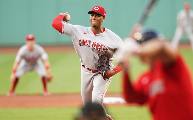 Jun 1, 2023; Boston, Massachusetts, USA; Cincinnati Reds starting pitcher Hunter Greene (21) throws a pitch against the Boston Red Sox in the first inning at Fenway Park. Mandatory Credit: David Butler II-USA TODAY Sports