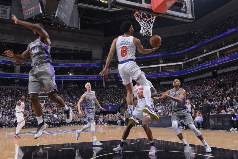 SACRAMENTO, CA - MARCH 9: Quentin Grimes #6 of the New York Knicks drives to the basket during the game against the Sacramento Kings on March 9, 2023 at Golden 1 Center in Sacramento, California. NOTE TO USER: User expressly acknowledges and agrees that, by downloading and or using this Photograph, user is consenting to the terms and conditions of the Getty Images License Agreement. Mandatory Copyright Notice: Copyright 2023 NBAE (Photo by Rocky Widner/NBAE via Getty Images)