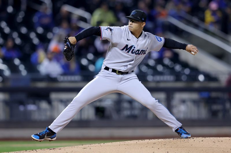 Sep 28, 2023; New York City, New York, USA; Miami Marlins starting pitcher Jesus Luzardo (44) pitches against the New York Mets during the first inning at Citi Field. Mandatory Credit: Brad Penner-USA TODAY Sports