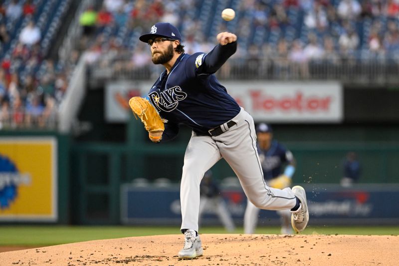 Apr 4, 2023; Washington, District of Columbia, USA; Tampa Bay Rays starting pitcher Josh Fleming (19) throws to the Washington Nationals during the first inning at Nationals Park. Mandatory Credit: Brad Mills-USA TODAY Sports