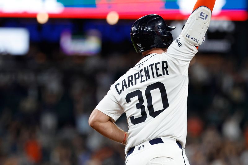 Sep 16, 2025; Detroit, Michigan, USA; Detroit Tigers outfielder Kerry Carpenter (30) runs the bases after hitting a home run in the ninth inning against the Cleveland Guardians at Comerica Park. Mandatory Credit: Rick Osentoski-Imagn Images