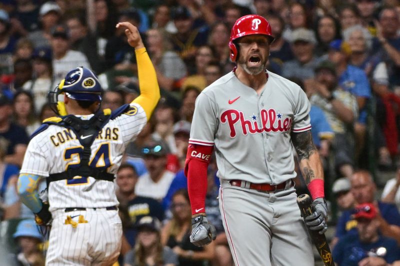 Sep 2, 2023; Milwaukee, Wisconsin, USA;  Philadelphia Phillies first baseman Jake Cave (44) reacts after striking out in the seventh inning against the Milwaukee Brewers at American Family Field. Mandatory Credit: Benny Sieu-USA TODAY Sports