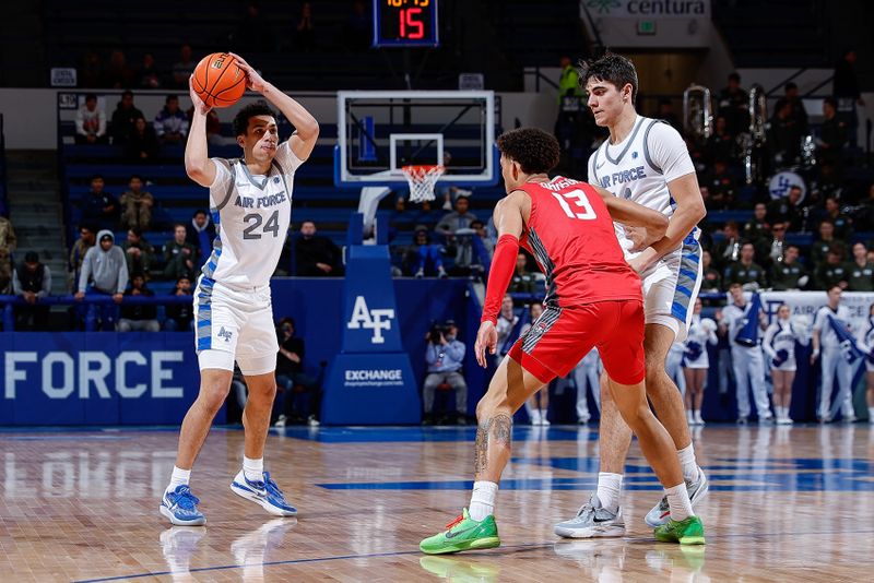 Feb 10, 2023; Colorado Springs, Colorado, USA; Air Force Falcons guard Jeffrey Mills (24) looks to pass the ball as forward Beau Becker (14) defends against New Mexico Lobos guard Javonte Johnson (13) in the second half at Clune Arena. Mandatory Credit: Isaiah J. Downing-USA TODAY Sports