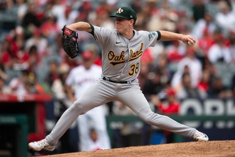 Oct 1, 2023; Anaheim, California, USA; Oakland Athletics starting pitcher JP Sears (38) throws a pitch against the Los Angeles Angels during the third inning at Angel Stadium. Mandatory Credit: Jonathan Hui-USA TODAY Sports
