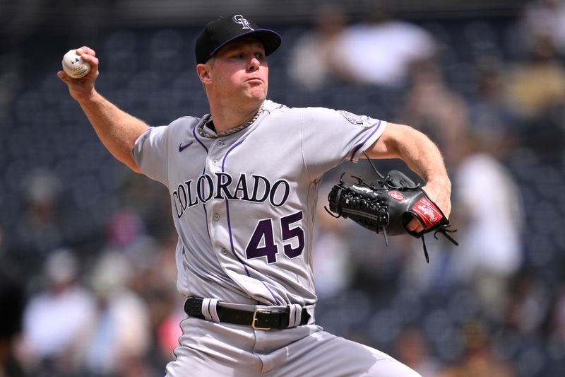 Sep 20, 2023; San Diego, California, USA; Colorado Rockies starting pitcher Chase Anderson (45) throws a pitch against the San Diego Padres during the first inning at Petco Park. Mandatory Credit: Orlando Ramirez-USA TODAY Sports