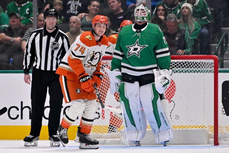 Nov 6, 2025; Dallas, Texas, USA; Anaheim Ducks defenseman Ian Moore (74) skates off the ice after scoring a goal against Dallas Stars goaltender Jake Oettinger (29) during the second period at the American Airlines Center. Mandatory Credit: Jerome Miron-Imagn Images