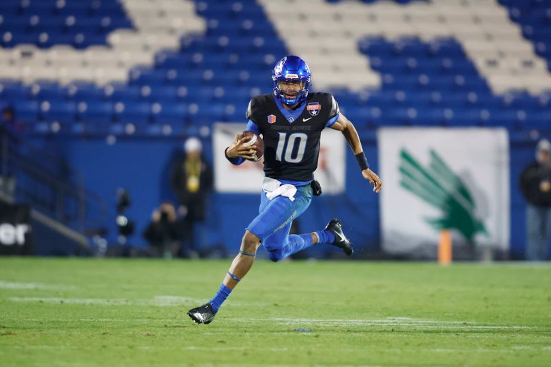 Dec 17, 2022; Frisco, Texas, USA; Boise State Broncos quarterback Taylen Green (10) runs the ball against the North Texas Mean Green in the second half at Toyota Stadium. Mandatory Credit: Tim Heitman-USA TODAY Sports