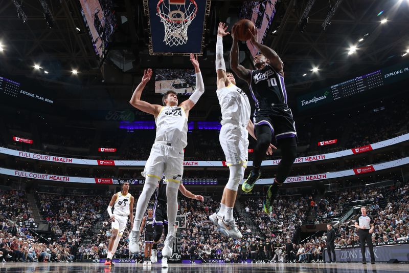 SALT LAKE CITY, UT - OCTOBER 15: DeMar DeRozan #10 of the Sacramento Kings drives to the basket during the game against the Utah Jazz on October 15, 2024 at Delta Center in Salt Lake City, Utah. NOTE TO USER: User expressly acknowledges and agrees that, by downloading and or using this Photograph, User is consenting to the terms and conditions of the Getty Images License Agreement. Mandatory Copyright Notice: Copyright 2024 NBAE (Photo by Melissa Majchrzak/NBAE via Getty Images)