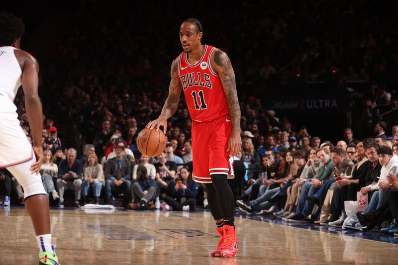 NEW YORK, NY - JANUARY 3: DeMar DeRozan #11 of the Chicago Bulls dribbles the ball during the game against the New York Knicks on January 3, 2024 at Madison Square Garden in New York City, New York.  NOTE TO USER: User expressly acknowledges and agrees that, by downloading and or using this photograph, User is consenting to the terms and conditions of the Getty Images License Agreement. Mandatory Copyright Notice: Copyright 2024 NBAE  (Photo by Nathaniel S. Butler/NBAE via Getty Images)