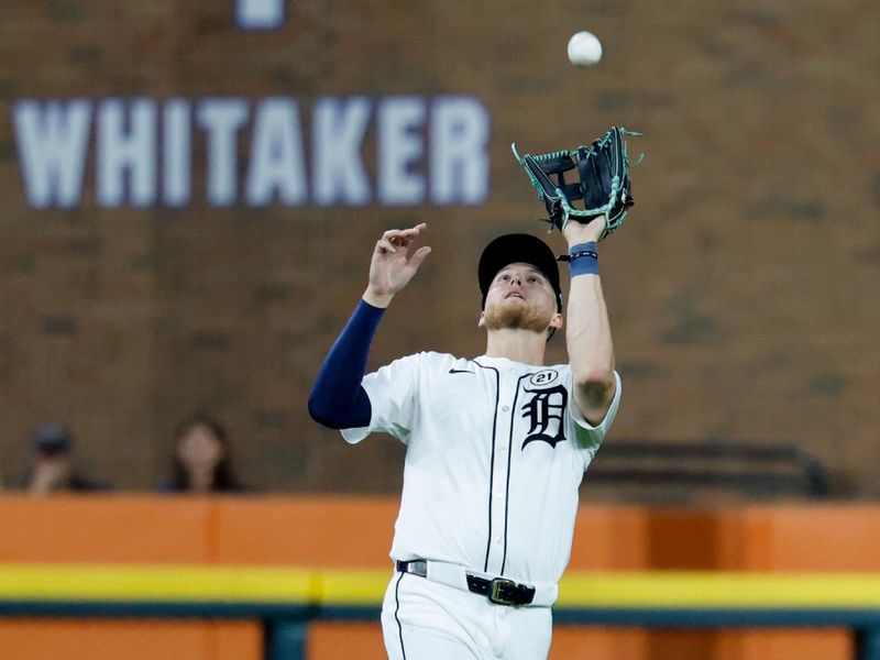 Sep 16, 2025; Detroit, Michigan, USA;  Detroit Tigers outfielder Parker Meadows (22) makes a catch in the fifth inning against the Cleveland Guardians at Comerica Park. Mandatory Credit: Rick Osentoski-Imagn Images