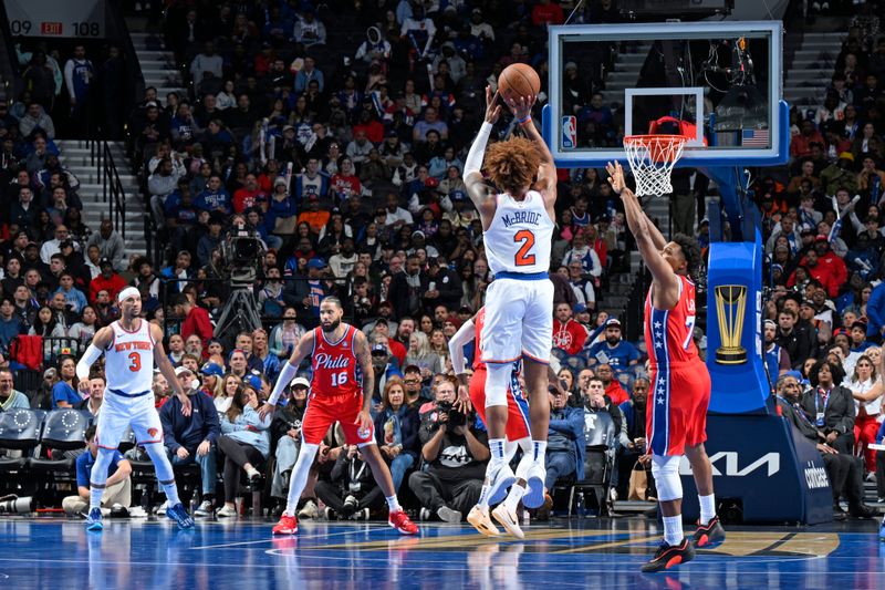 PHILADELPHIA, PA - NOVEMBER 12: Miles McBride #2 of the New York Knicks shoots the ball during the game against the Philadelphia 76ers during the Emirates NBA Cup game on November 12, 2024 at the Wells Fargo Center in Philadelphia, Pennsylvania NOTE TO USER: User expressly acknowledges and agrees that, by downloading and/or using this Photograph, user is consenting to the terms and conditions of the Getty Images License Agreement. Mandatory Copyright Notice: Copyright 2024 NBAE (Photo by David Dow/NBAE via Getty Images)