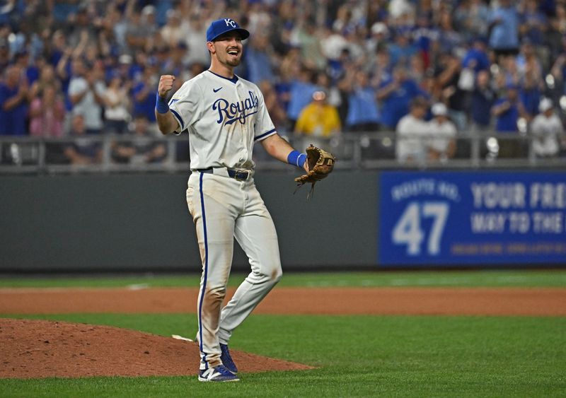 Jun 27, 2024; Kansas City, Missouri, USA;  Kansas City Royals third baseman Nick Loftin (12) reacts after the Royals beat the Cleveland Guardians at Kauffman Stadium. Mandatory Credit: Peter Aiken-USA TODAY Sports