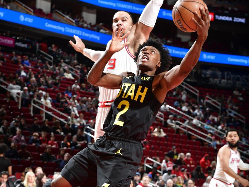 HOUSTON, TX - JANUARY 20: Colin Sexton #2 of the Utah Jazz drives to the basket during the game against the Houston Rockets on January 20, 2024 at the Toyota Center in Houston, Texas. NOTE TO USER: User expressly acknowledges and agrees that, by downloading and or using this photograph, User is consenting to the terms and conditions of the Getty Images License Agreement. Mandatory Copyright Notice: Copyright 2024 NBAE (Photo by Logan Riely/NBAE via Getty Images)